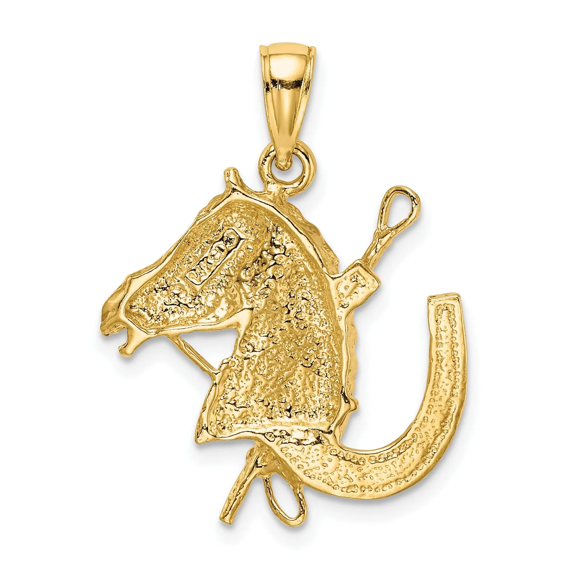 14K Yellow Gold Polished Texture Finish Horse Head with Shoe and Crop Charm Pendant