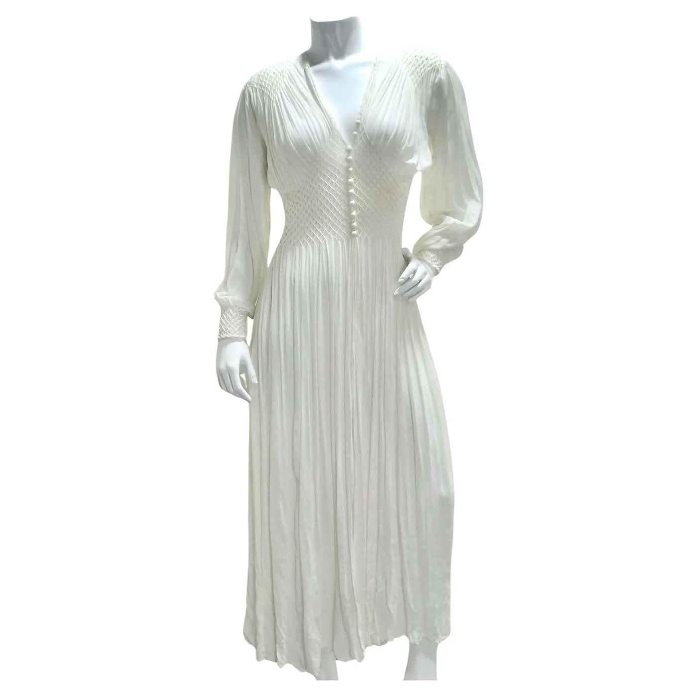 1940s White Smocked Sheer Maxi Dress