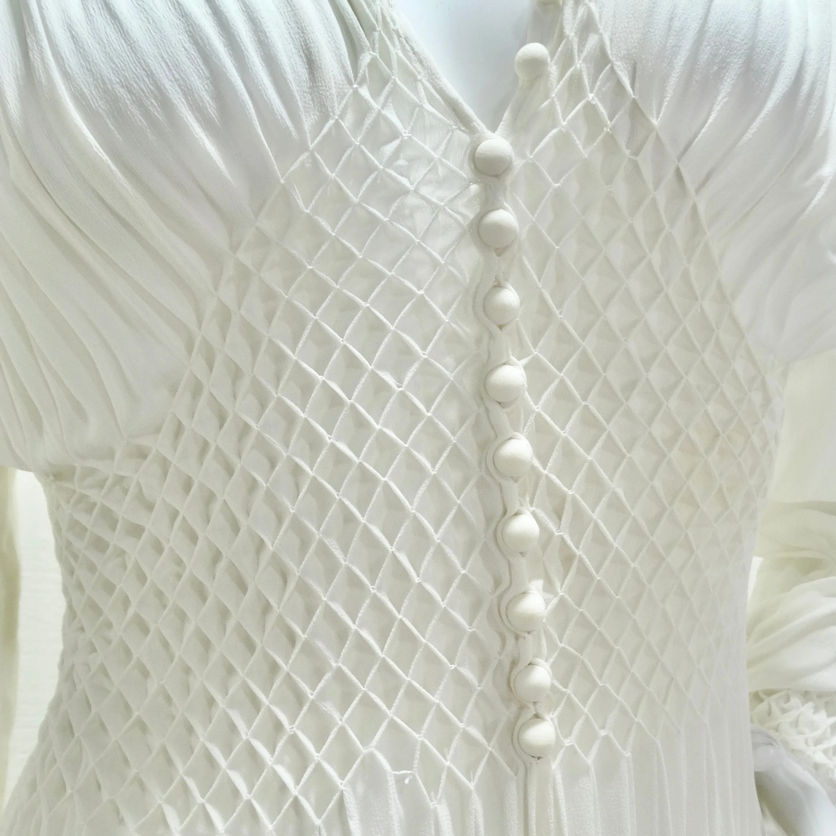 1940s White Smocked Sheer Maxi Dress