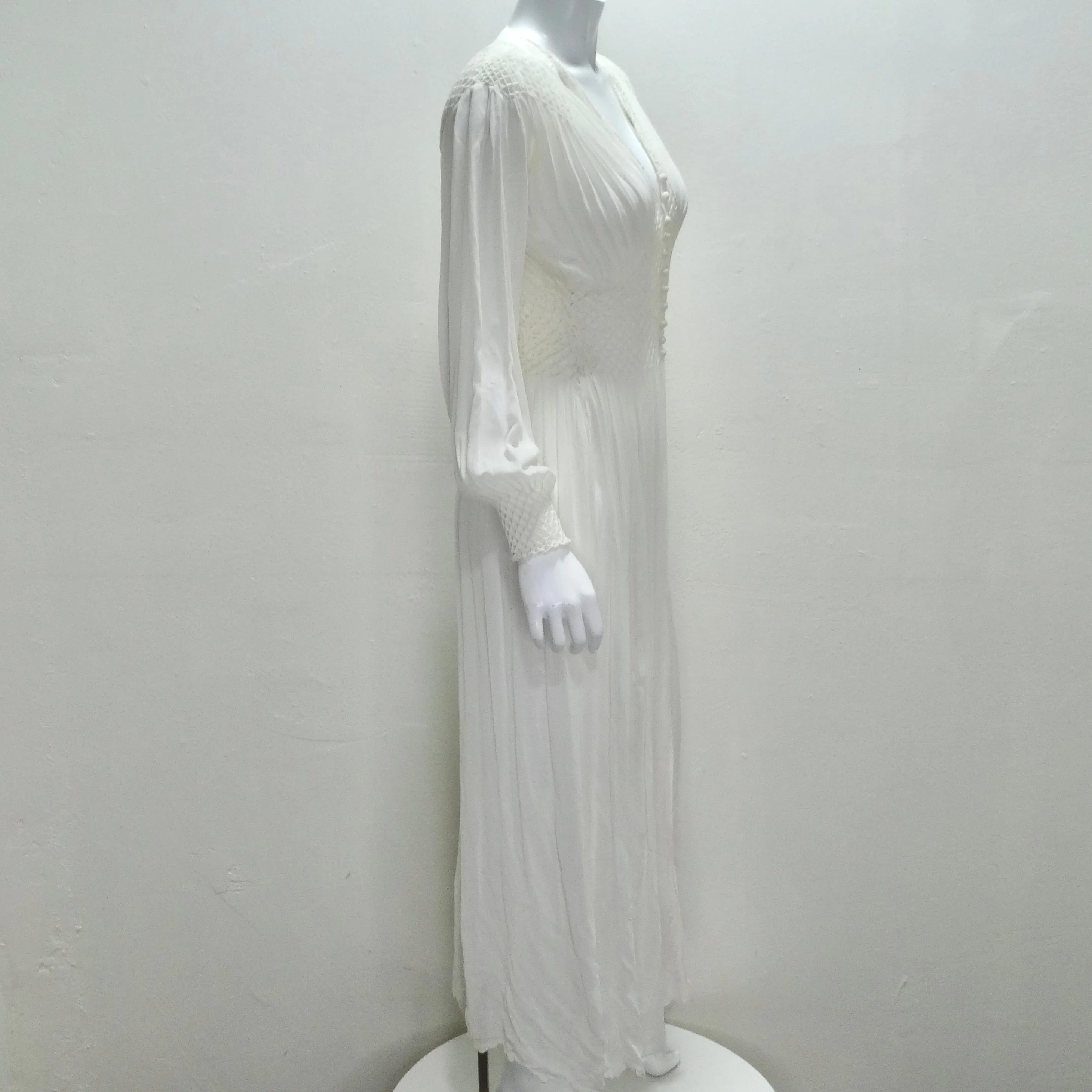 1940s White Smocked Sheer Maxi Dress