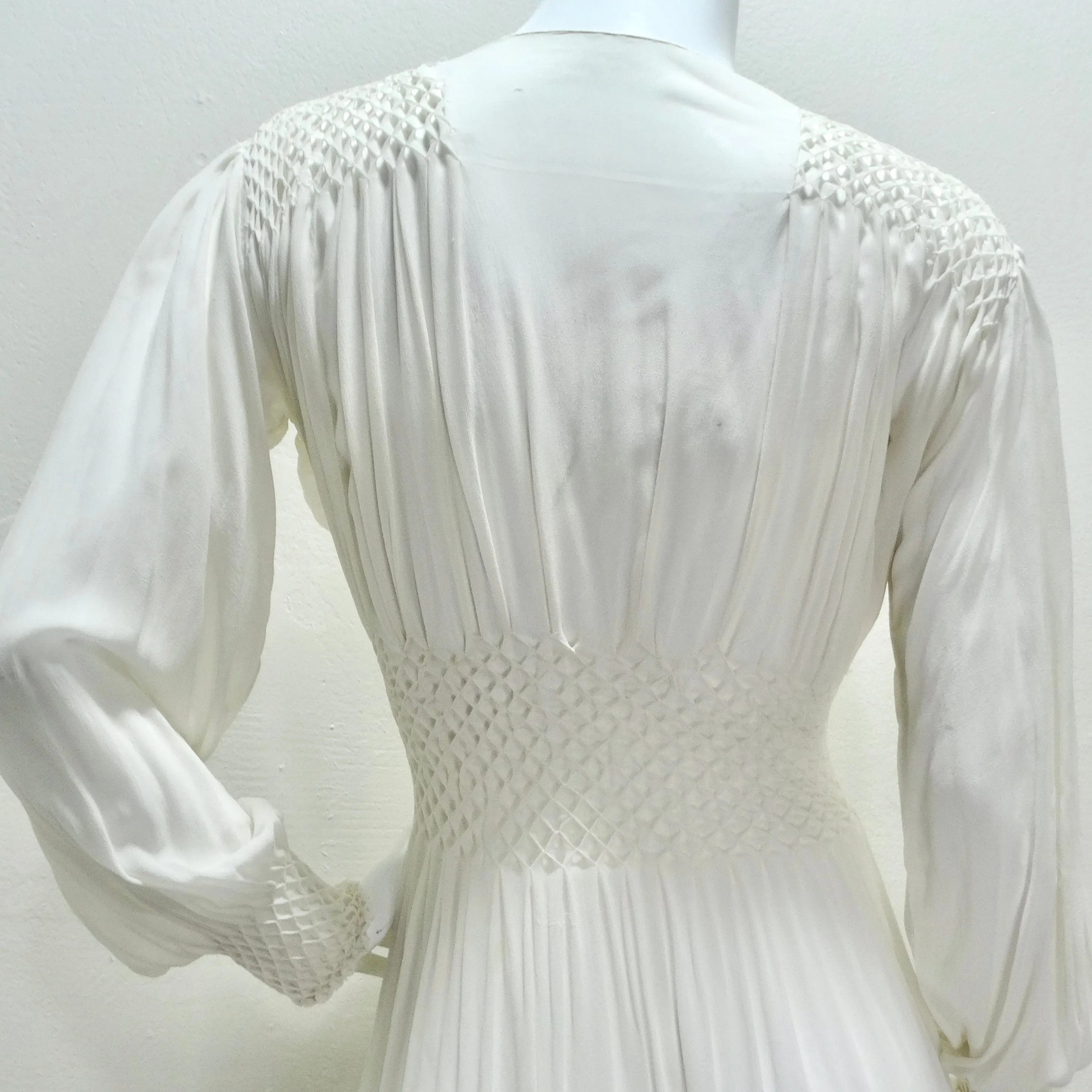 1940s White Smocked Sheer Maxi Dress