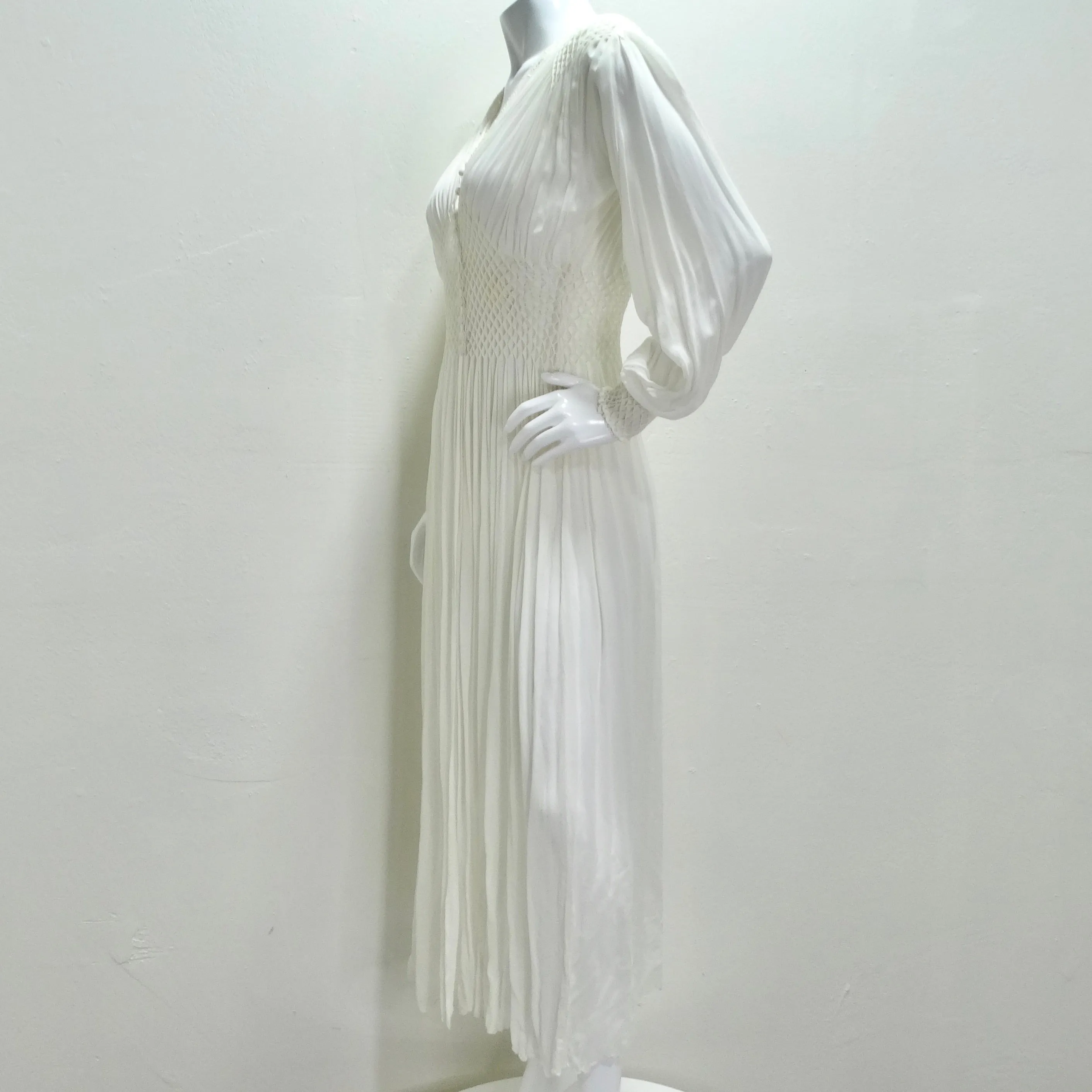 1940s White Smocked Sheer Maxi Dress