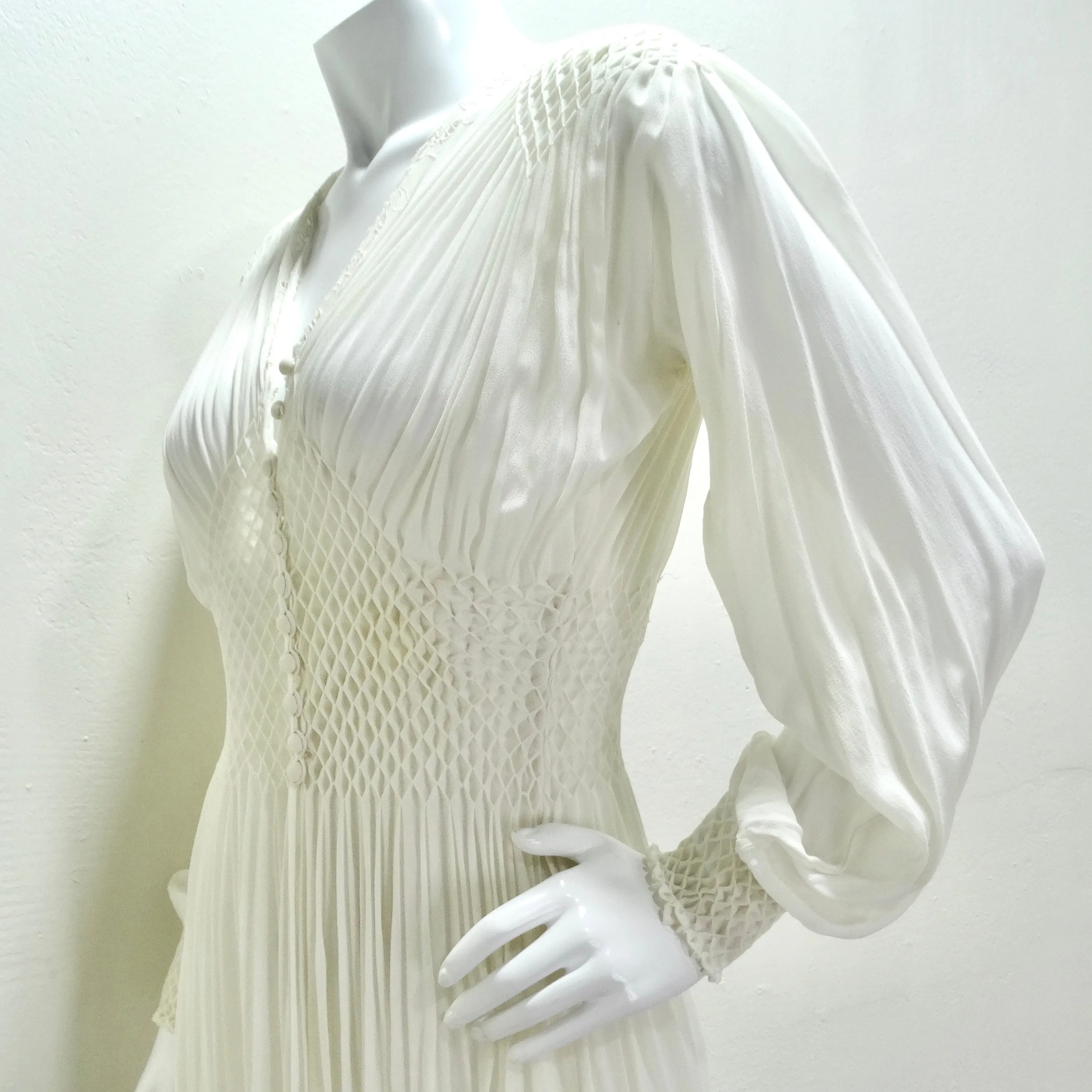 1940s White Smocked Sheer Maxi Dress