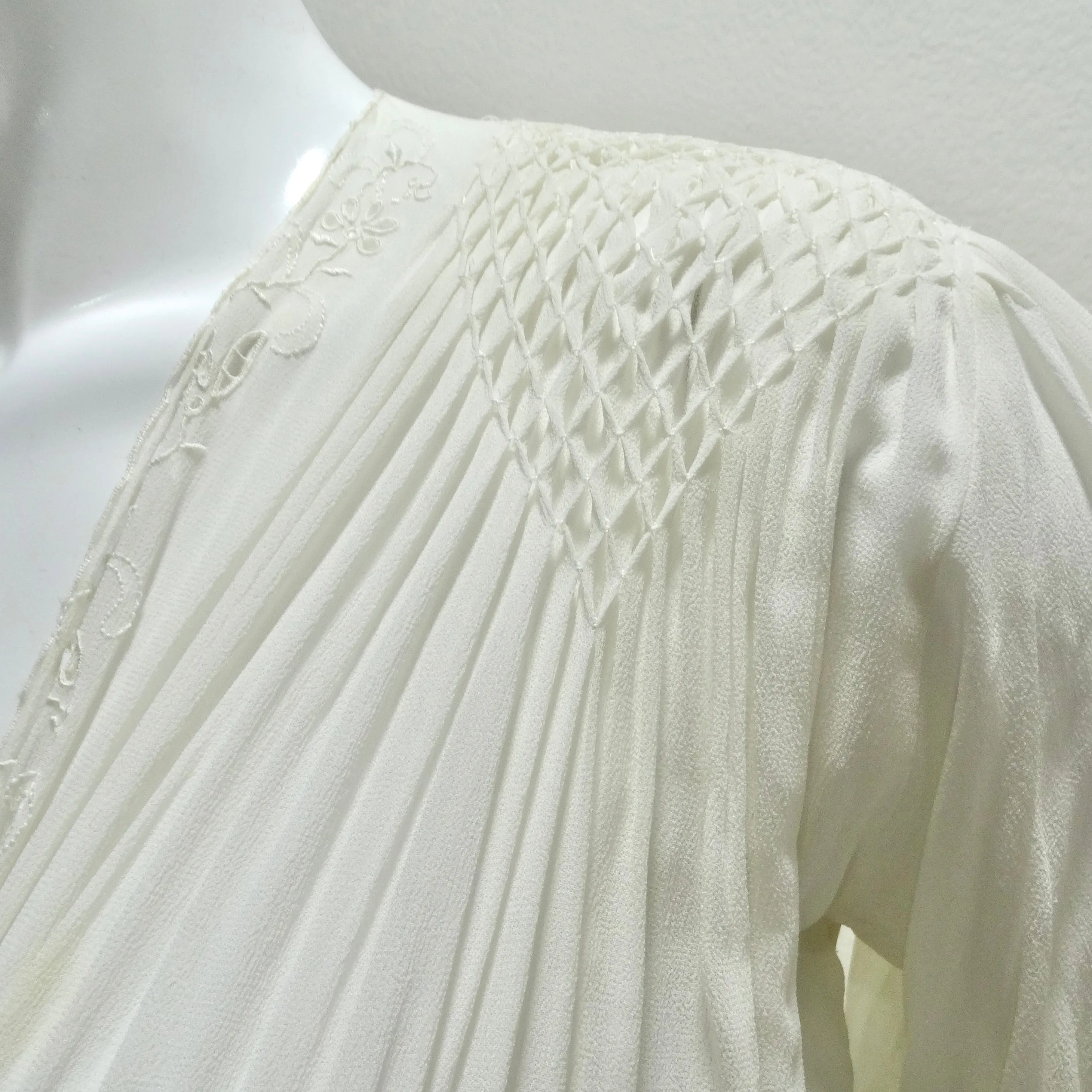 1940s White Smocked Sheer Maxi Dress