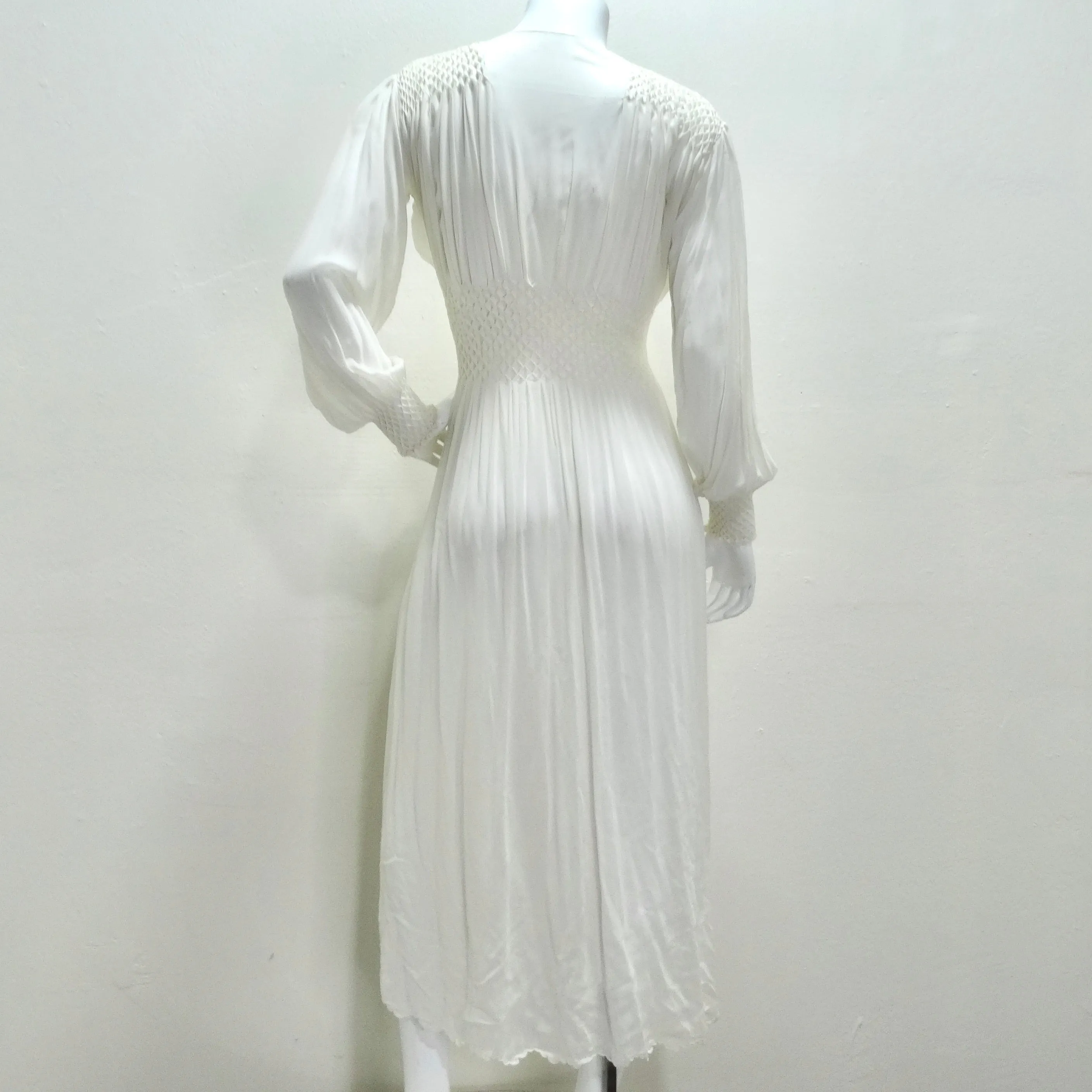 1940s White Smocked Sheer Maxi Dress