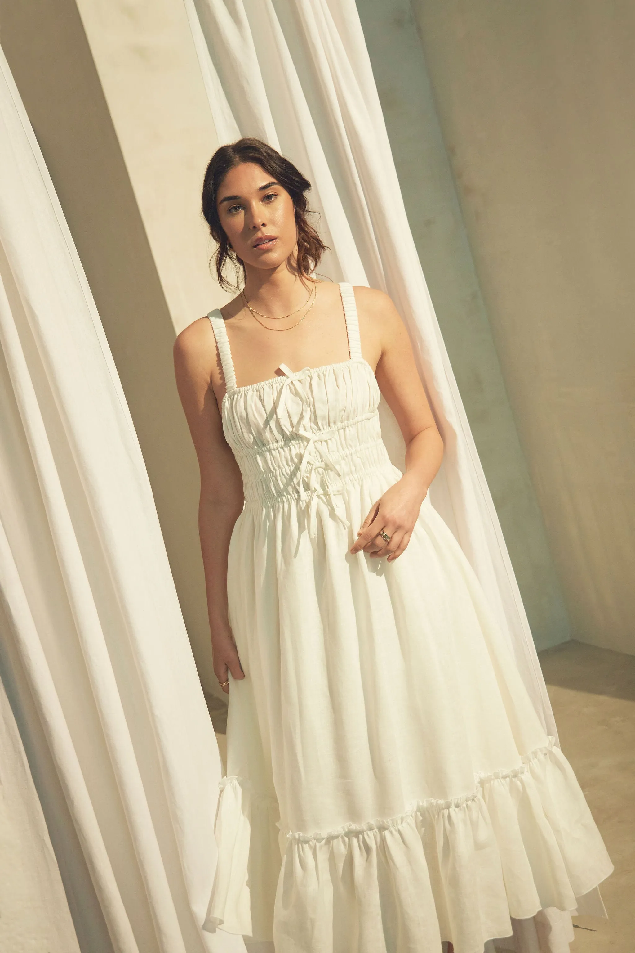 Amara Ruched Midi Linen Dress in Pristine