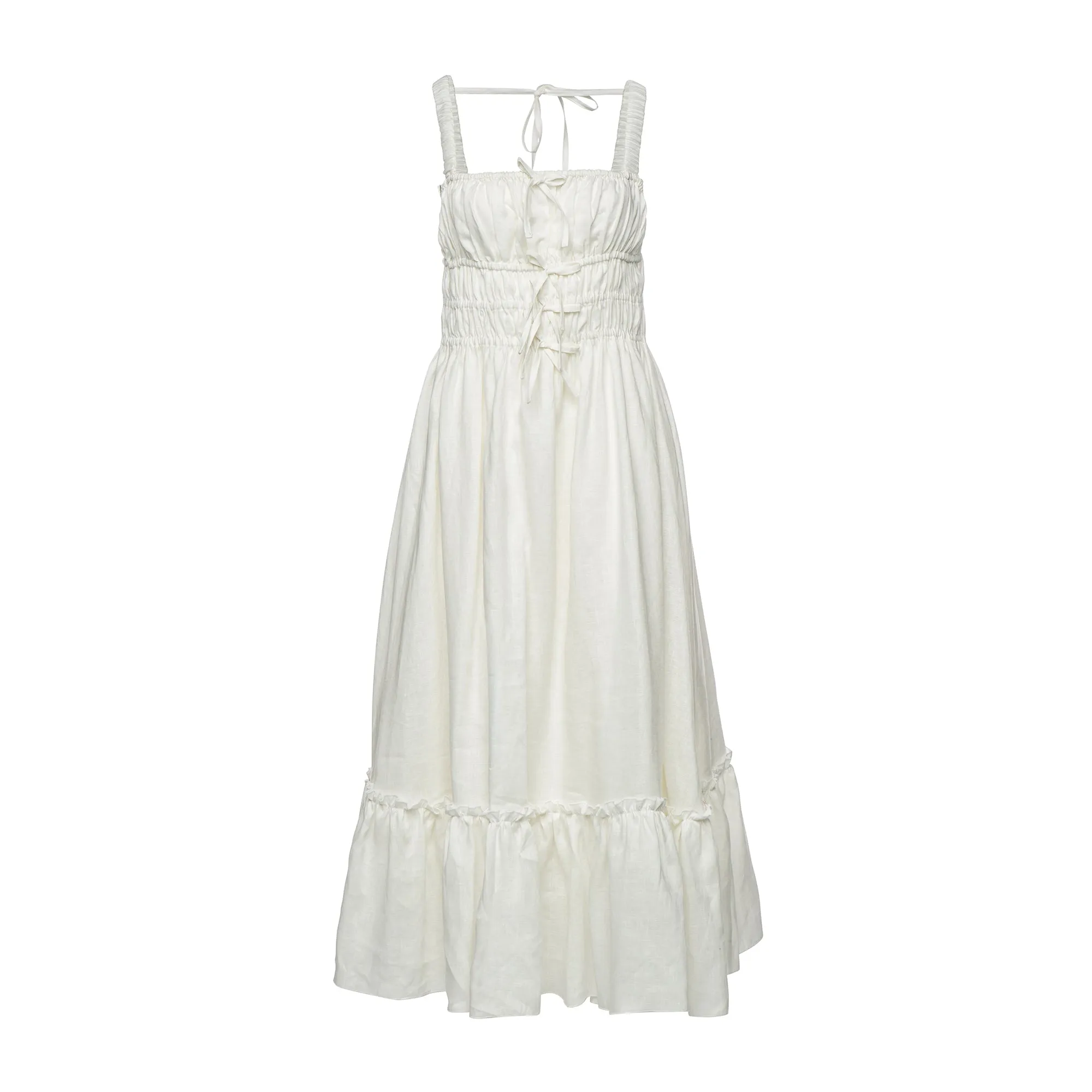 Amara Ruched Midi Linen Dress in Pristine