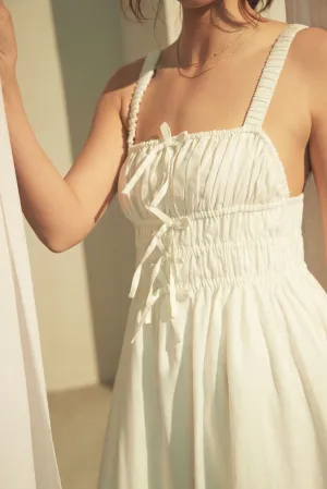 Amara Ruched Midi Linen Dress in Pristine