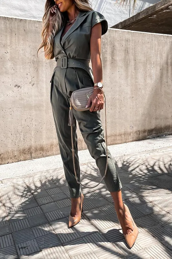 Army Green Casual Jumpsuit With Belt