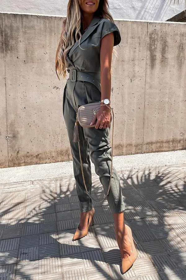 Army Green Casual Jumpsuit With Belt
