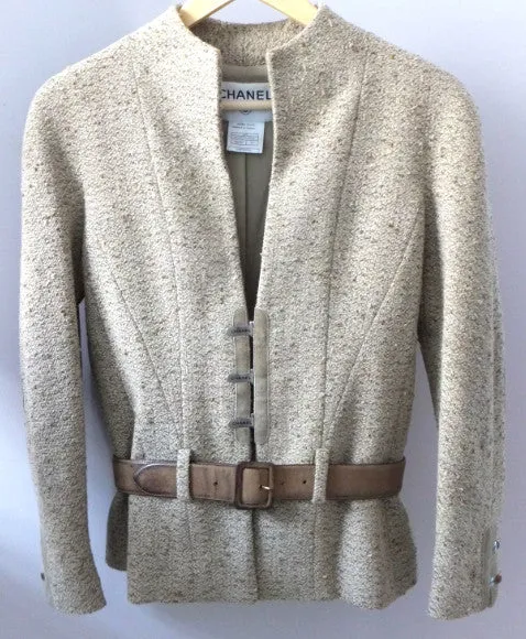 Authentic Chanel Tan Boucle Jacket w Suede Detail