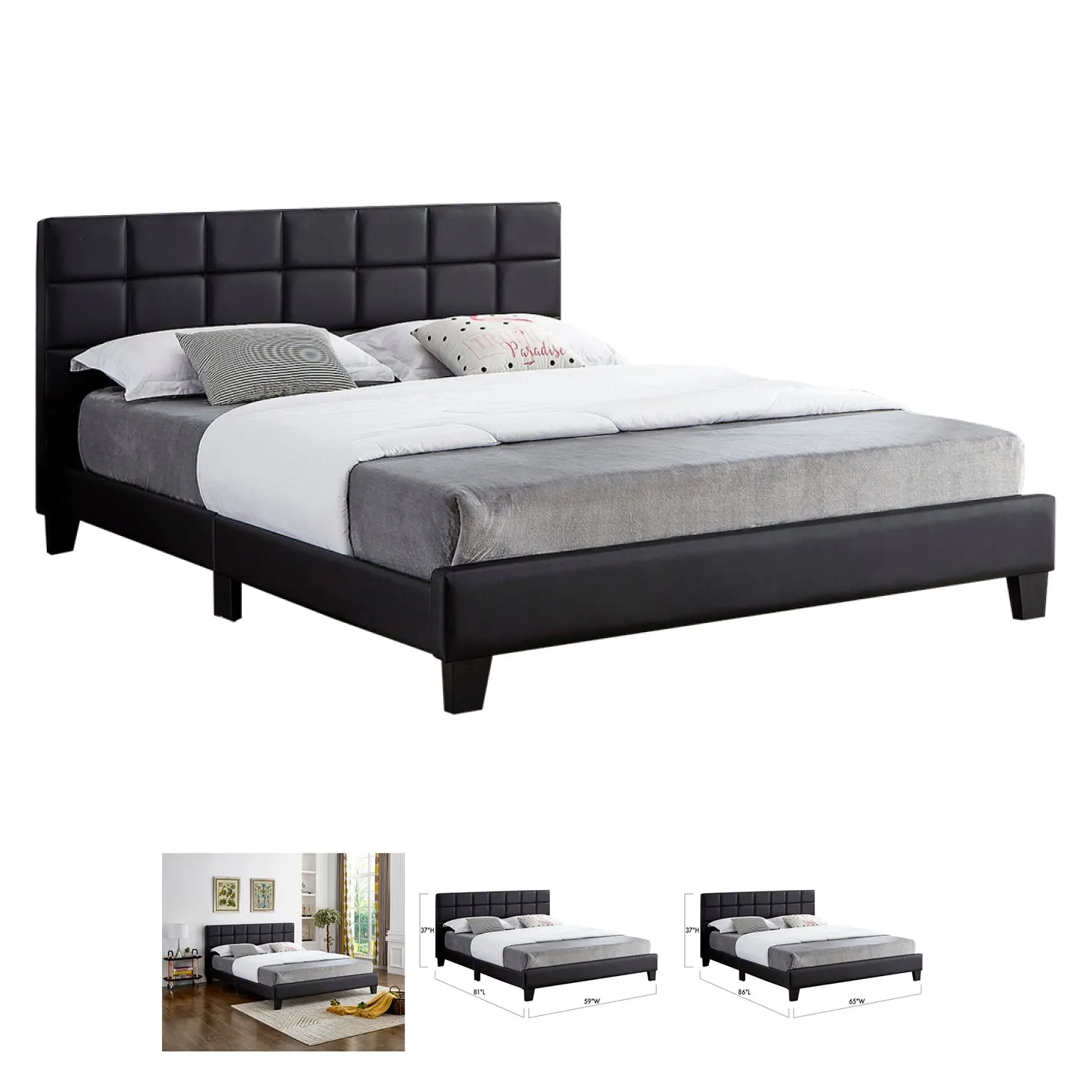 Bebelelo Roger Black PU Platform Queen Bed with Padded Headboard