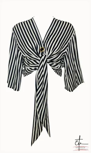 Black and White Striped Front Knot Crop Top
