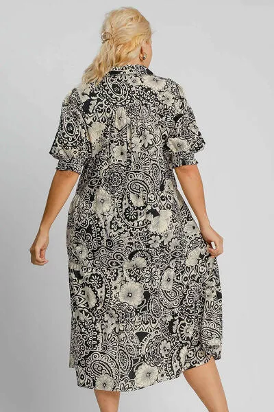Black Printed Smocked Cuff Puff Sleeve Midi Dress