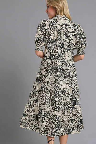 Black Printed Smocked Cuff Puff Sleeve Midi Dress