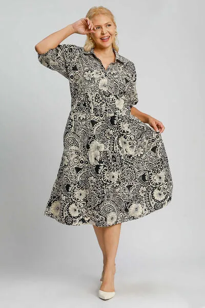 Black Printed Smocked Cuff Puff Sleeve Midi Dress