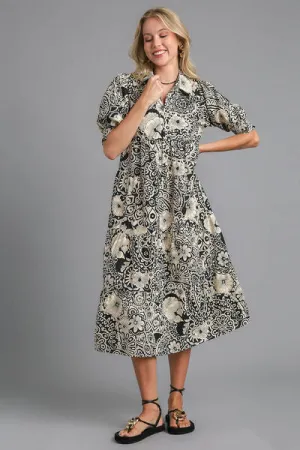 Black Printed Smocked Cuff Puff Sleeve Midi Dress
