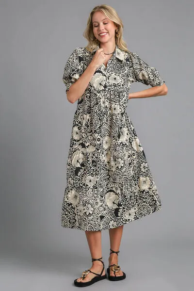 Black Printed Smocked Cuff Puff Sleeve Midi Dress
