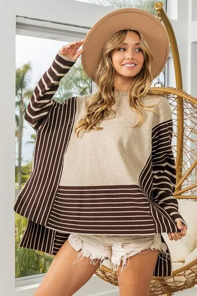 Blaine Striped Contrast Long Sleeve Slit Top