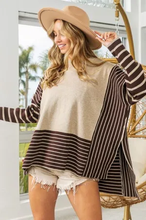 Blaine Striped Contrast Long Sleeve Slit Top