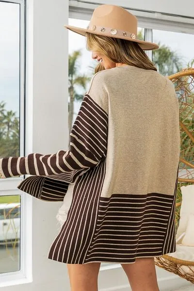 Blaine Striped Contrast Long Sleeve Slit Top