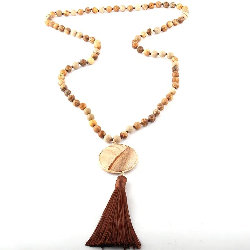 Boho & Mala Natural Tribal Round Desert Jasper Stone Tassel Necklace TN10028