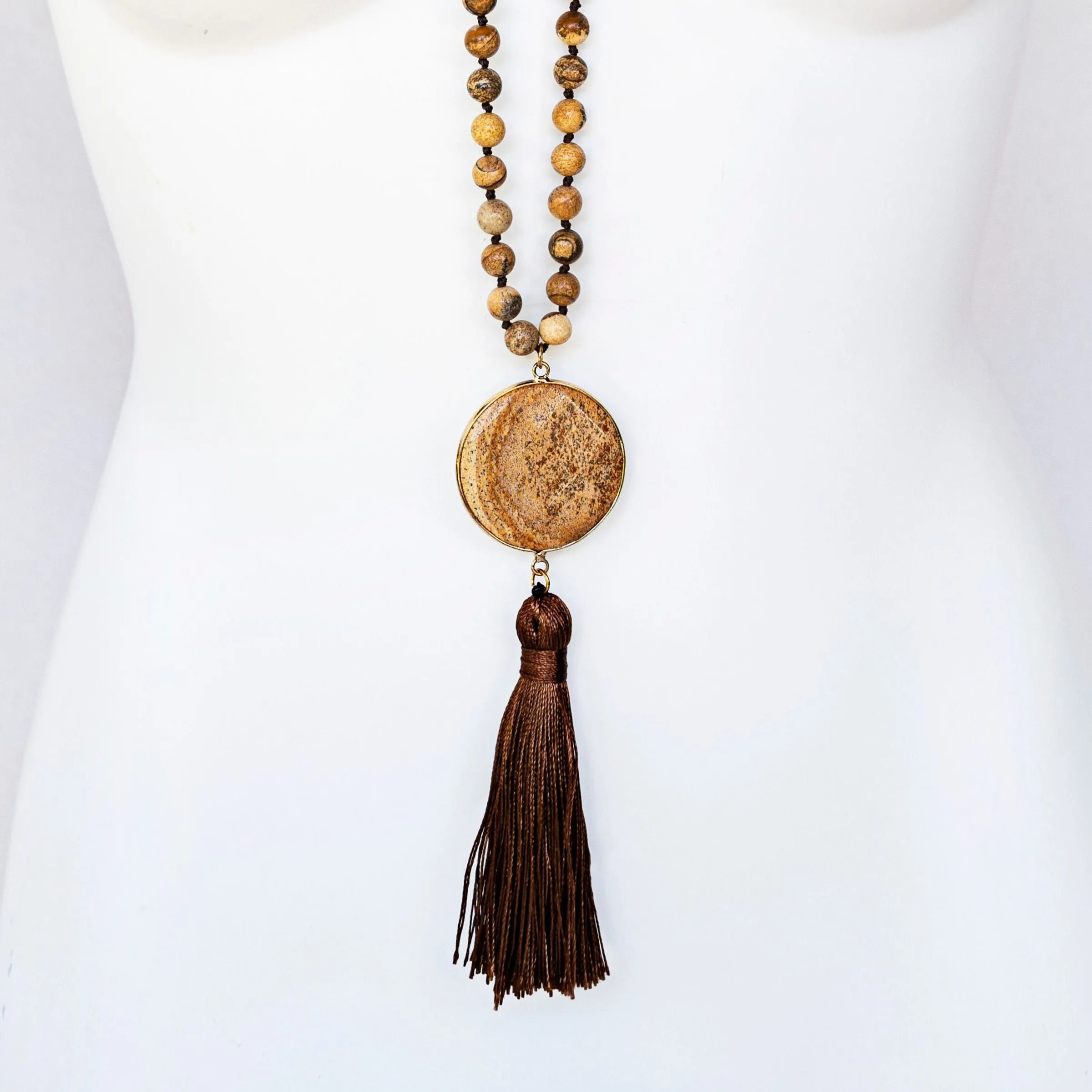 Boho & Mala Natural Tribal Round Desert Jasper Stone Tassel Necklace TN10028