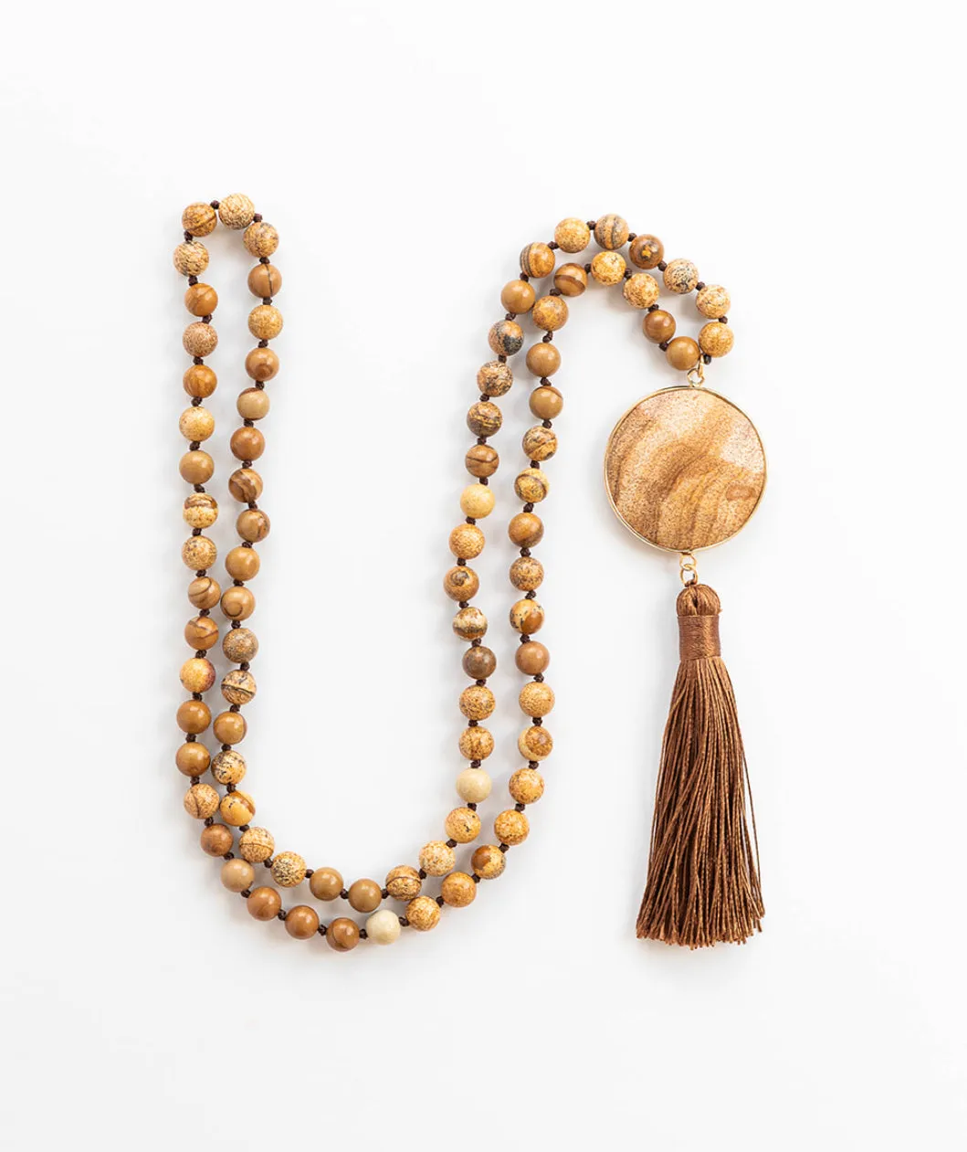 Boho & Mala Natural Tribal Round Desert Jasper Stone Tassel Necklace TN10028