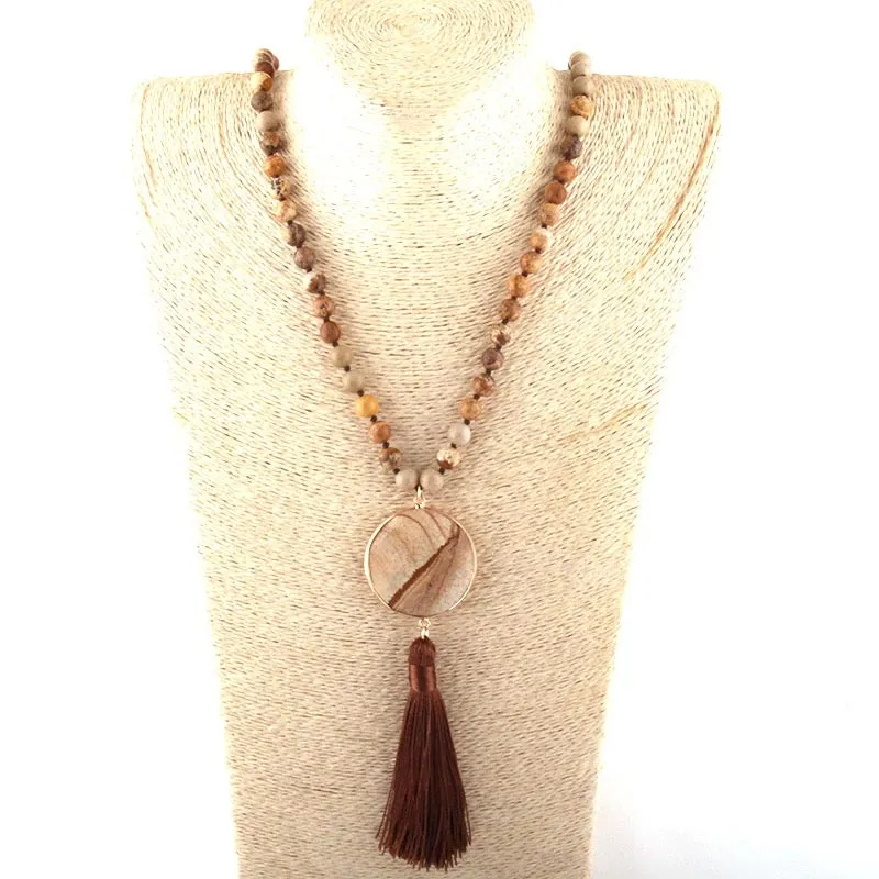 Boho & Mala Natural Tribal Round Desert Jasper Stone Tassel Necklace TN10028