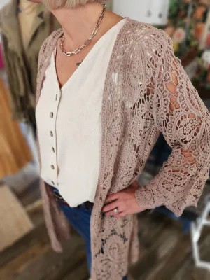 Boho Crochet Lace Sleeves Kimono in Mauve *