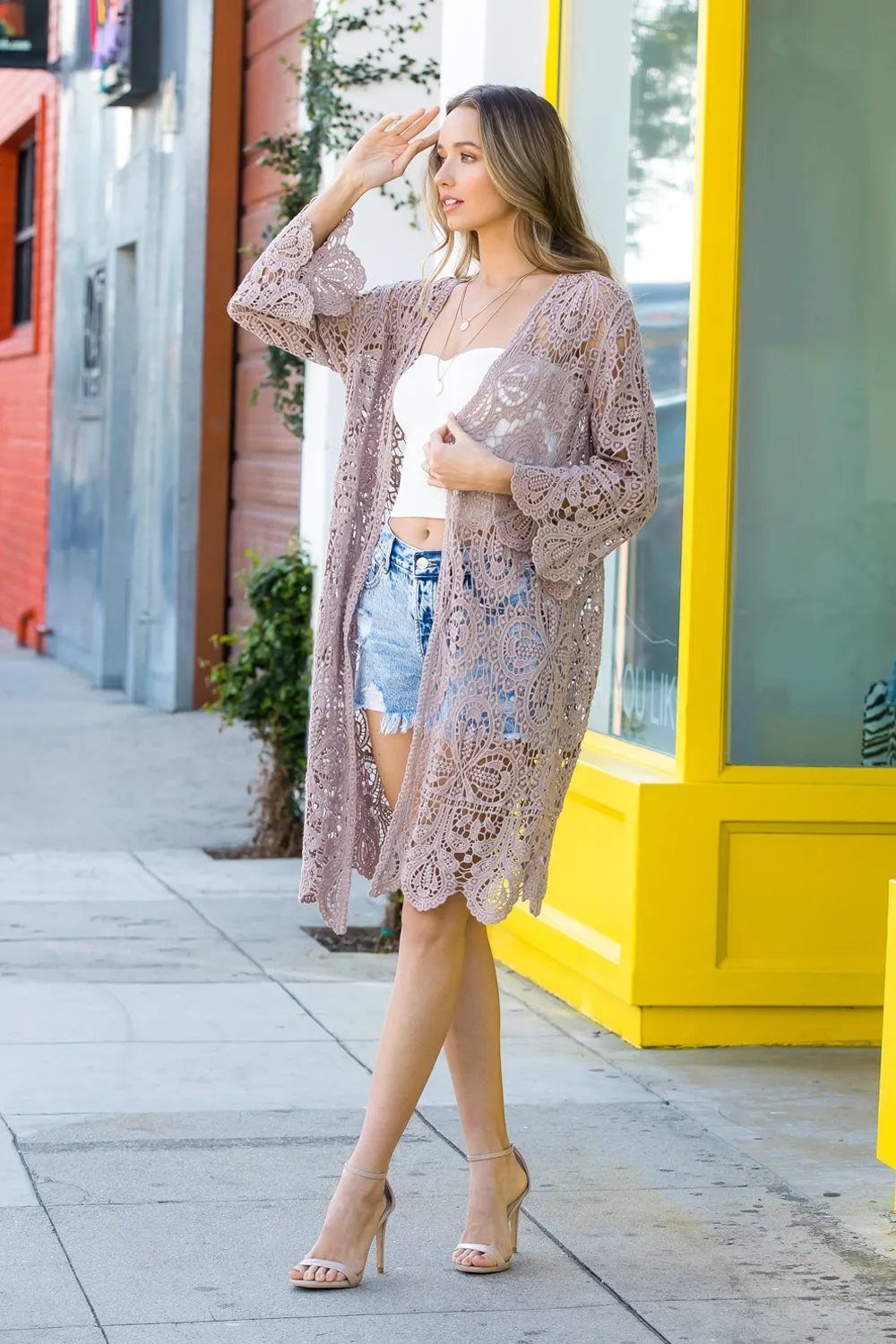 Boho Crochet Lace Sleeves Kimono in Mauve *