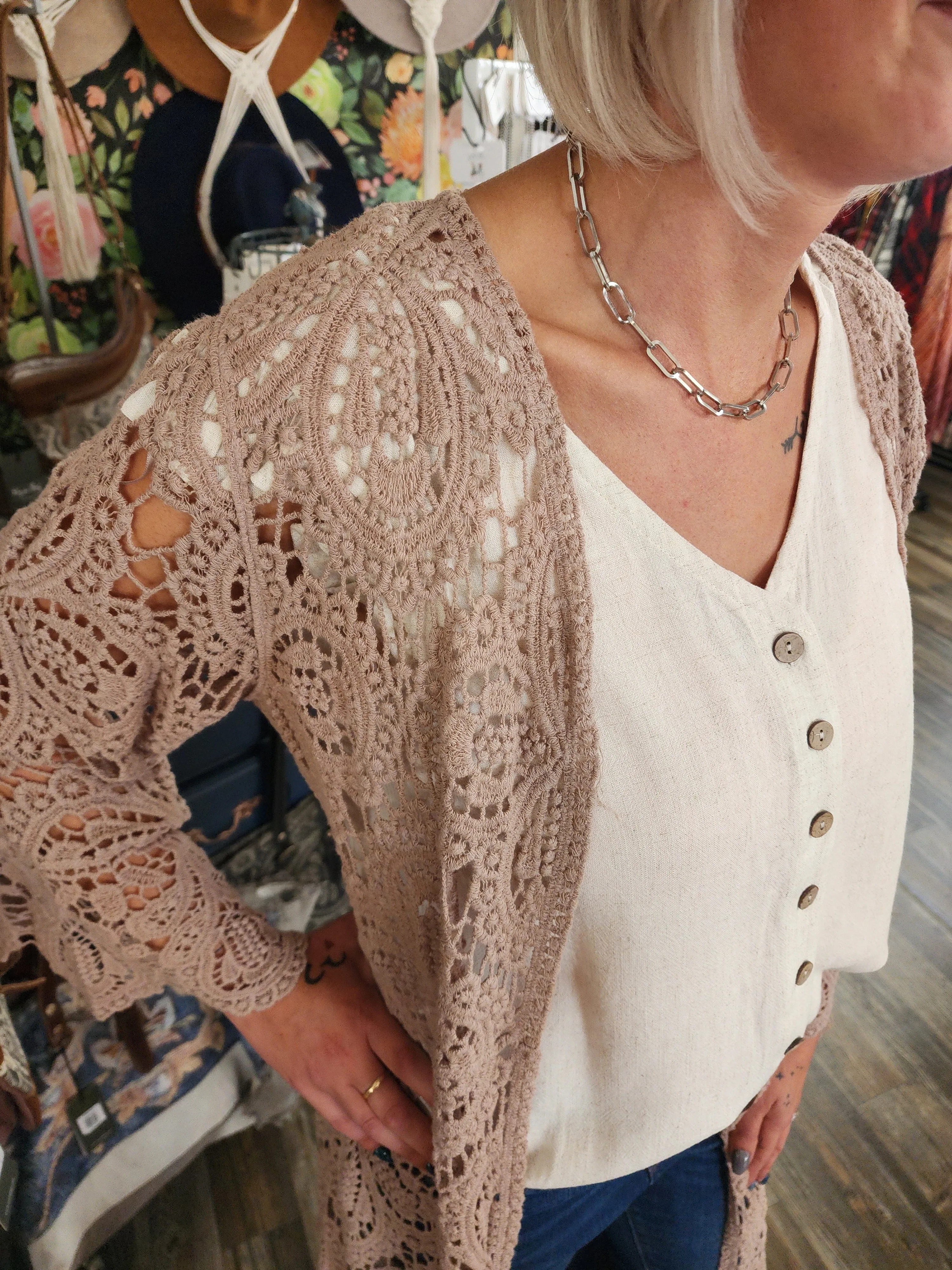Boho Crochet Lace Sleeves Kimono in Mauve *