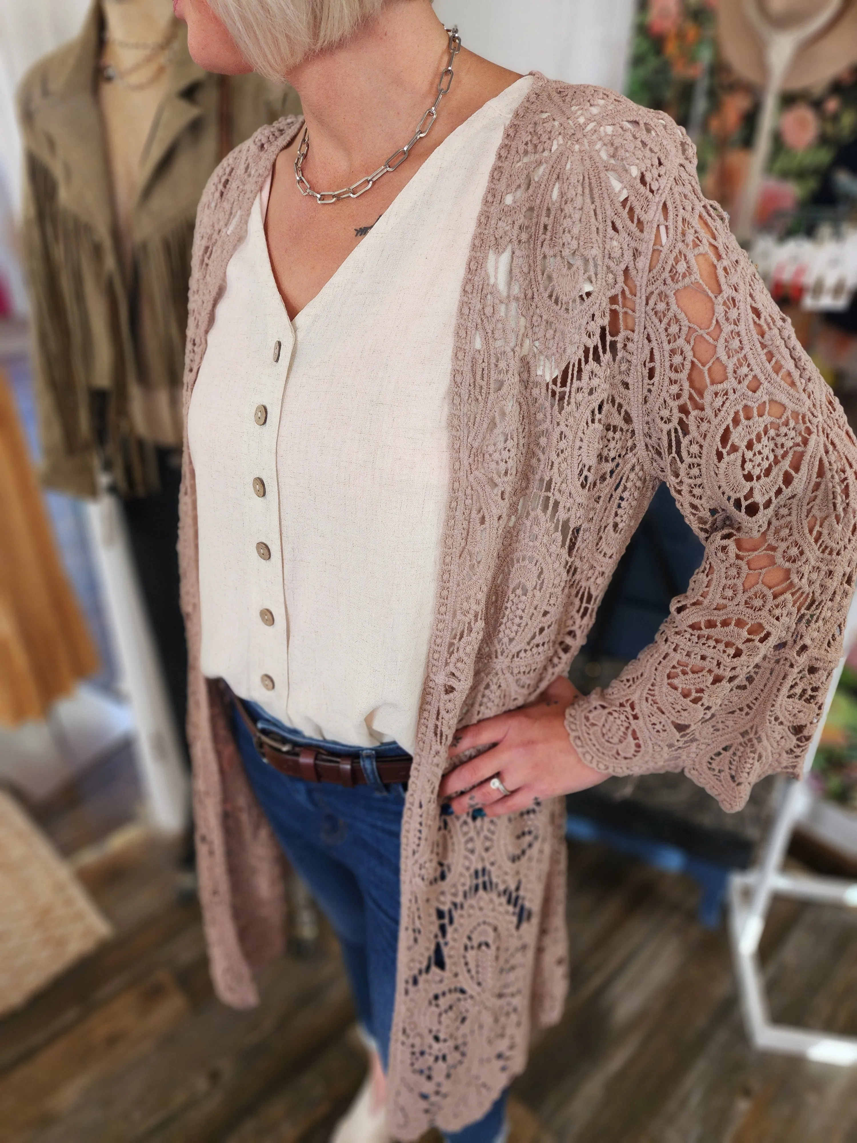 Boho Crochet Lace Sleeves Kimono in Mauve *