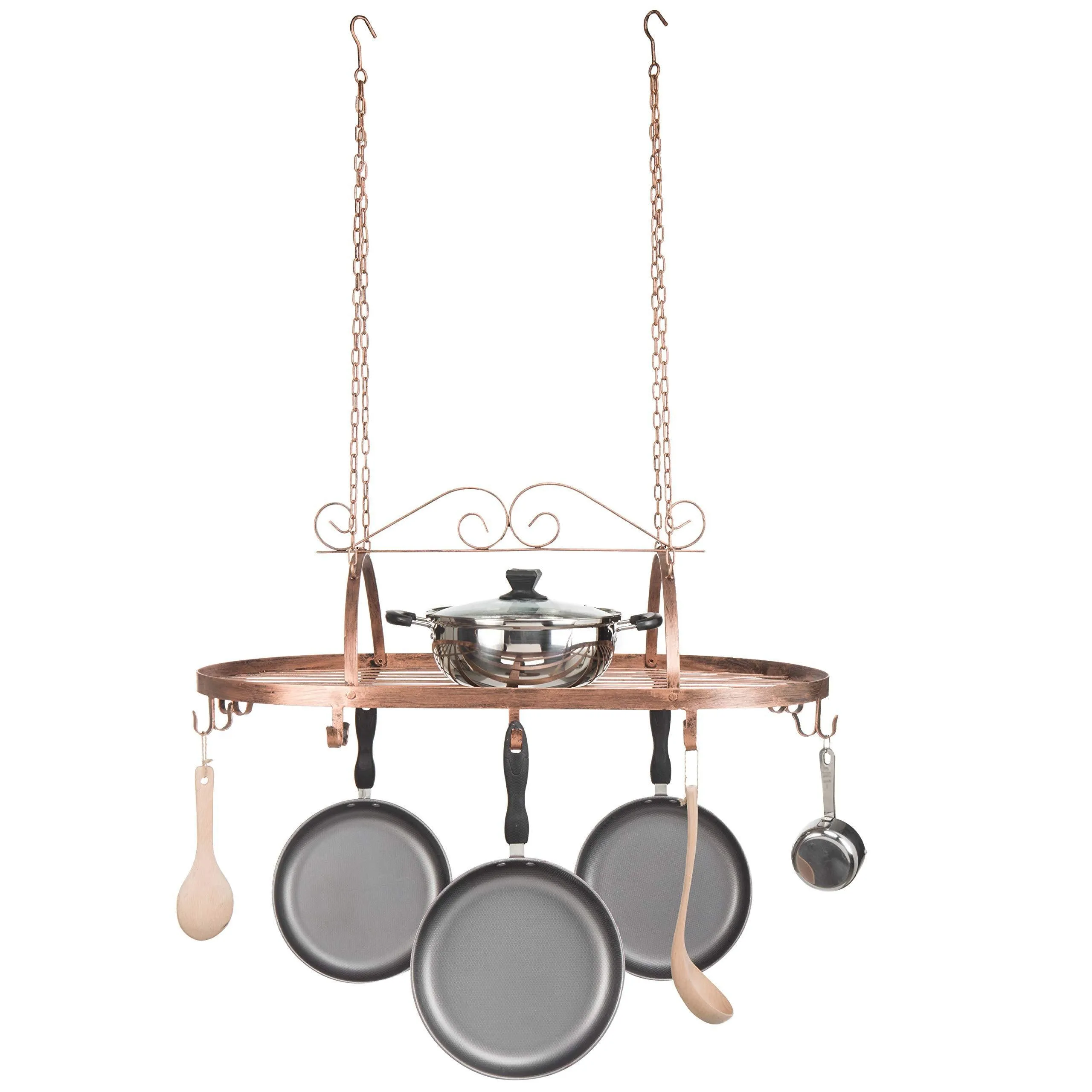 Bronze-Tone Scrollwork Metal Ceiling Mounted Hanging Rack for Kitchen Utensils, Pots, Pans Holder