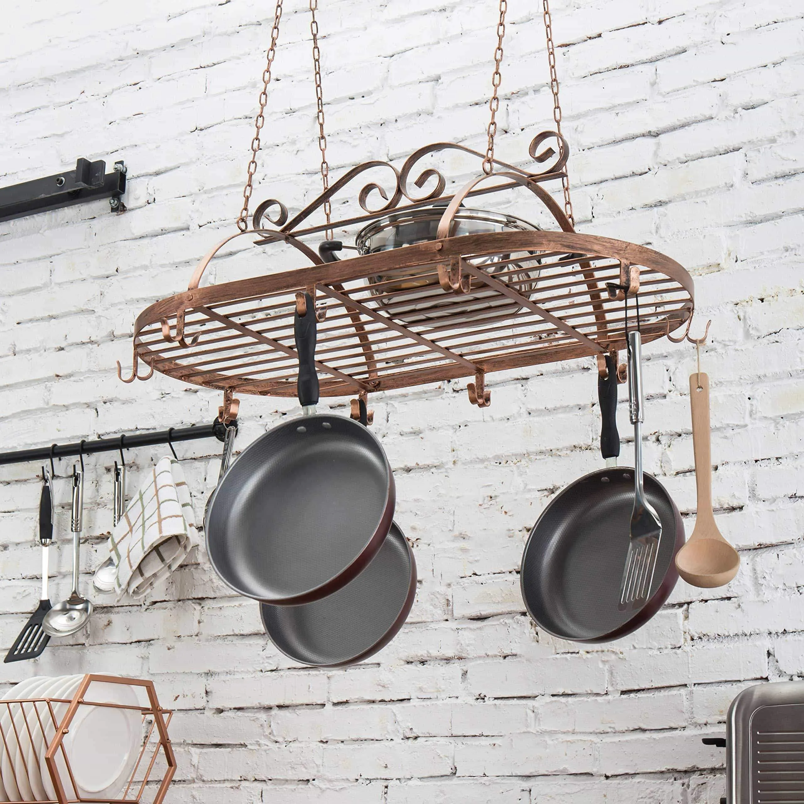 Bronze-Tone Scrollwork Metal Ceiling Mounted Hanging Rack for Kitchen Utensils, Pots, Pans Holder