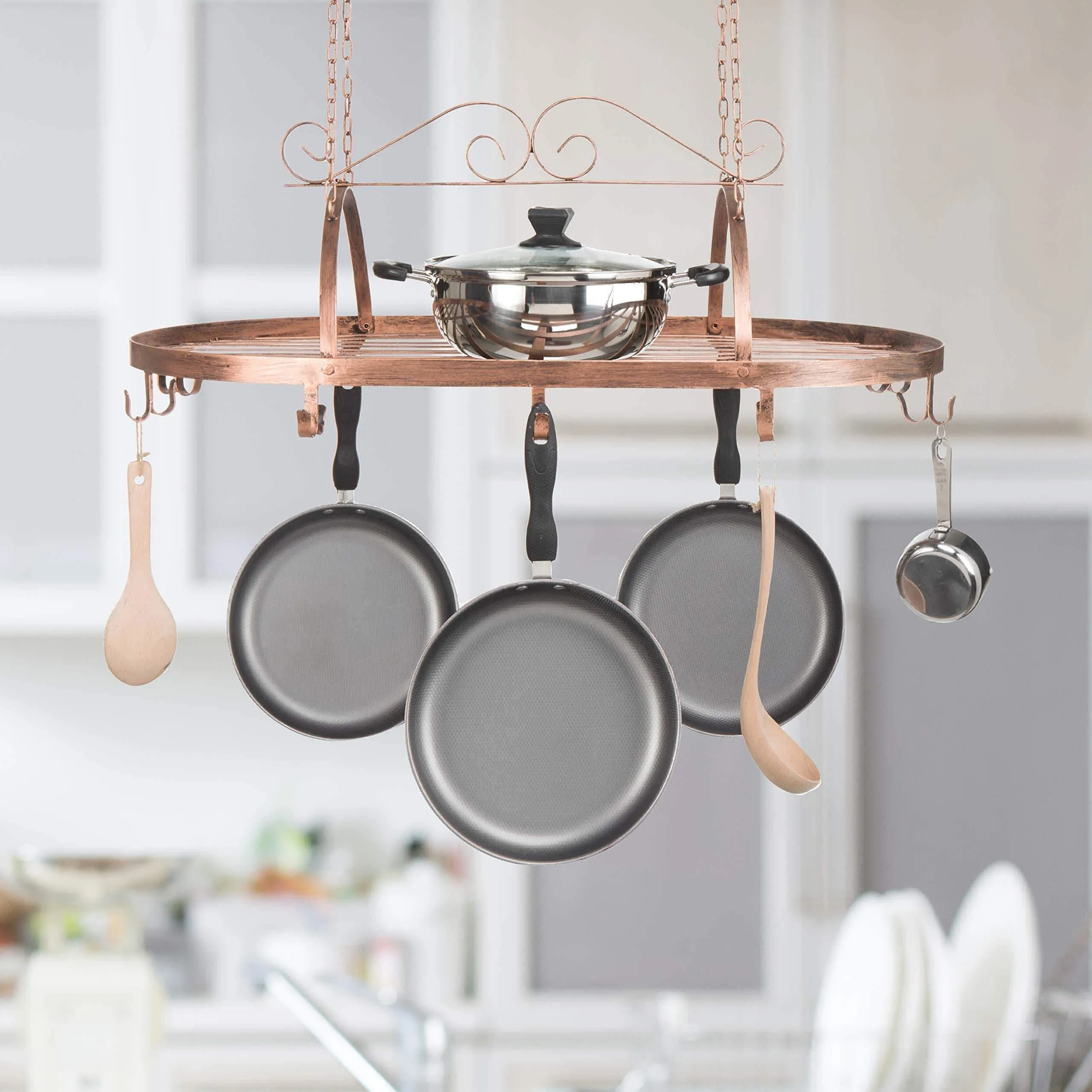 Bronze-Tone Scrollwork Metal Ceiling Mounted Hanging Rack for Kitchen Utensils, Pots, Pans Holder