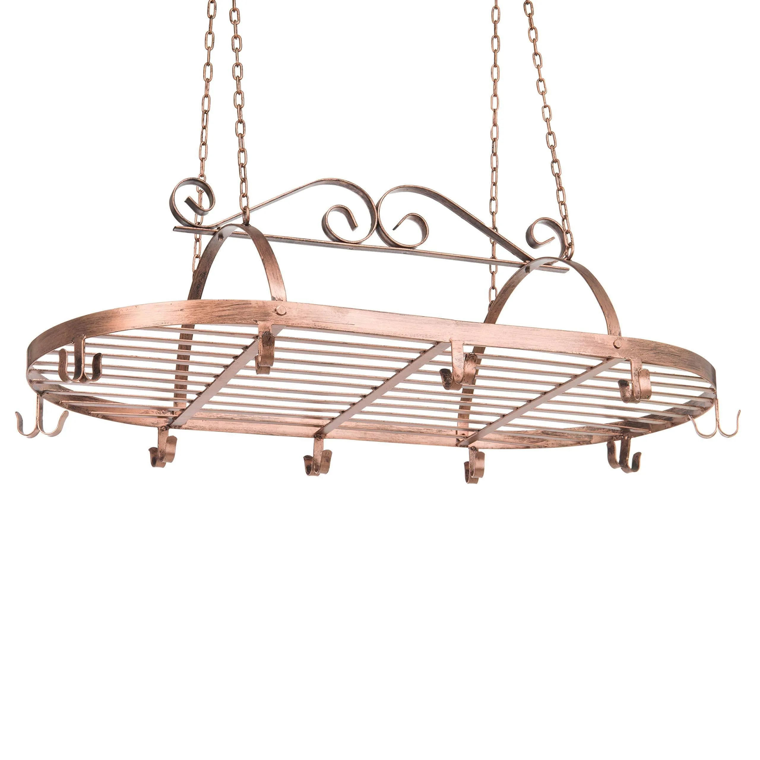 Bronze-Tone Scrollwork Metal Ceiling Mounted Hanging Rack for Kitchen Utensils, Pots, Pans Holder