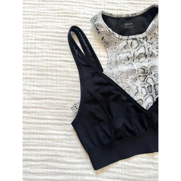 Carbon38 ONA Active High Neck Layer Snakeprint Mesh Sport Bra