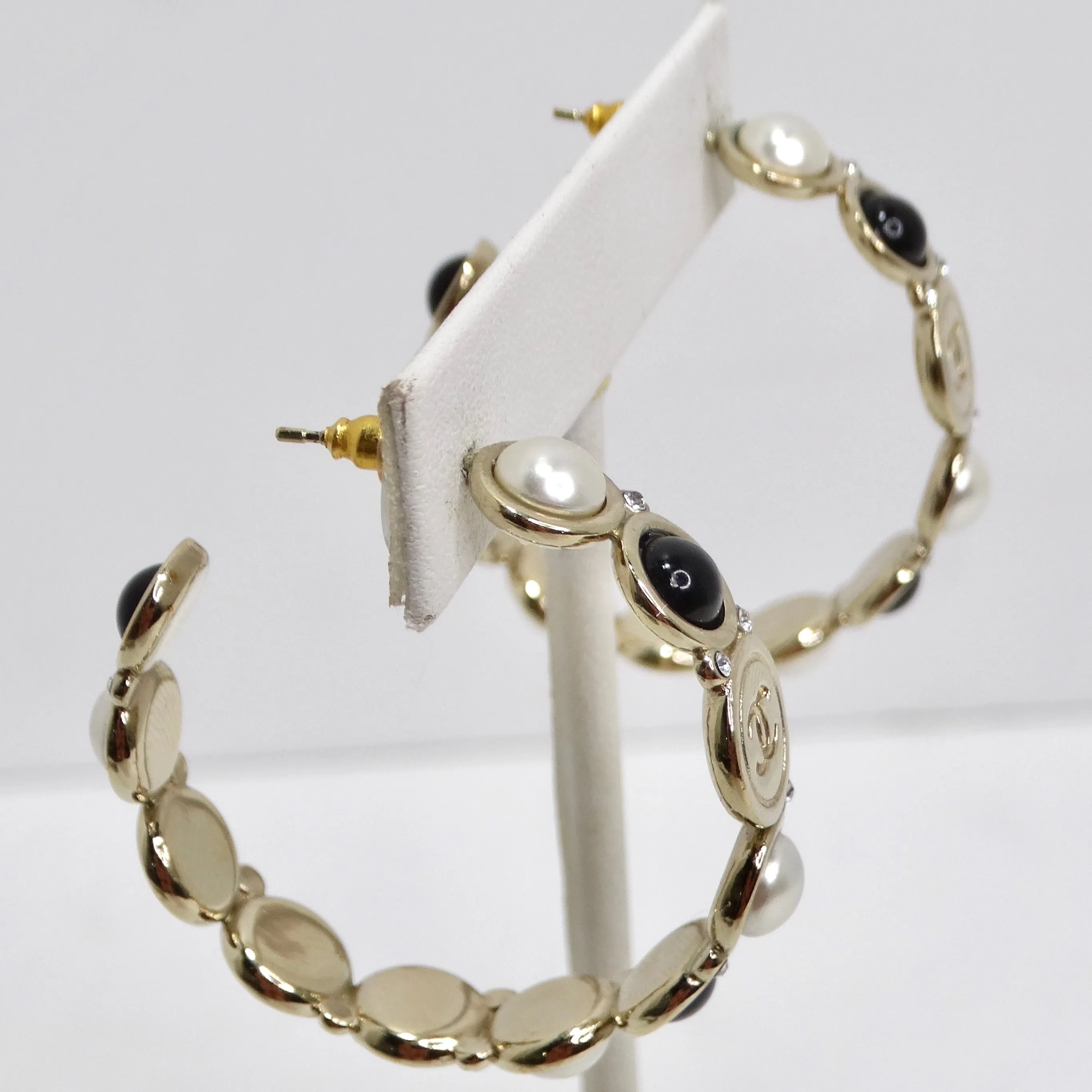 Chanel CC Faux Pearl Obsidian Crystal Hoop Earrings