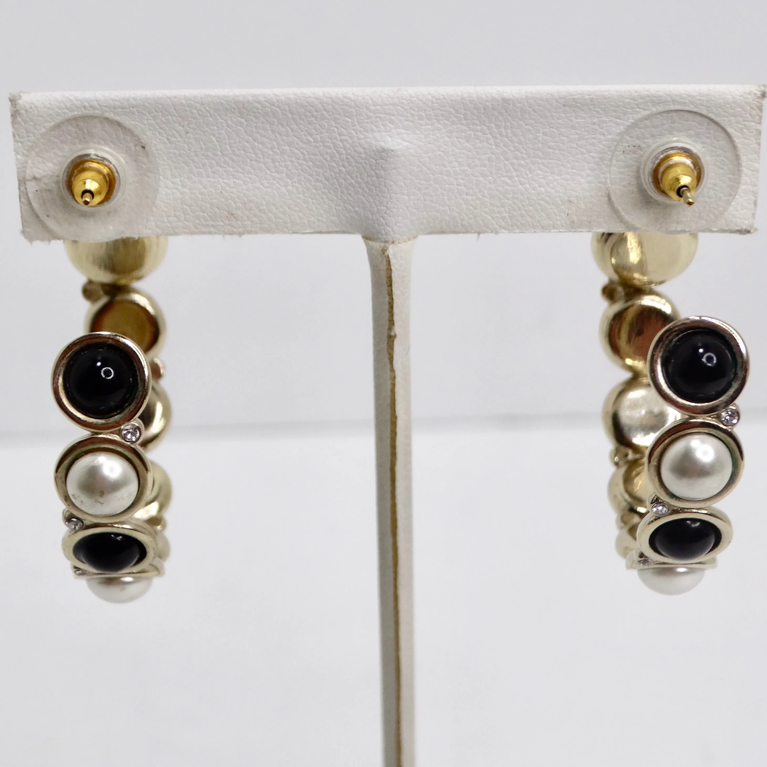 Chanel CC Faux Pearl Obsidian Crystal Hoop Earrings