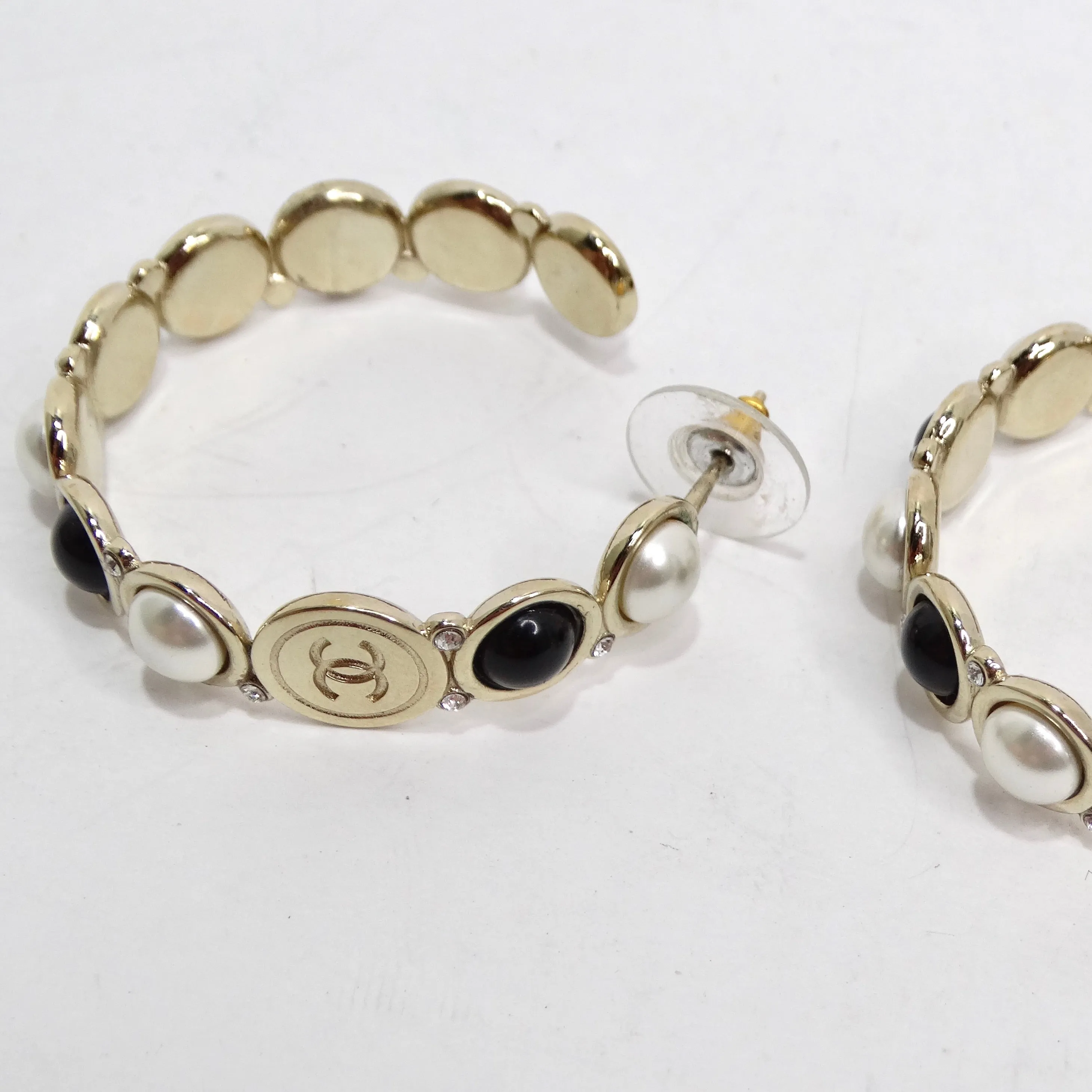 Chanel CC Faux Pearl Obsidian Crystal Hoop Earrings