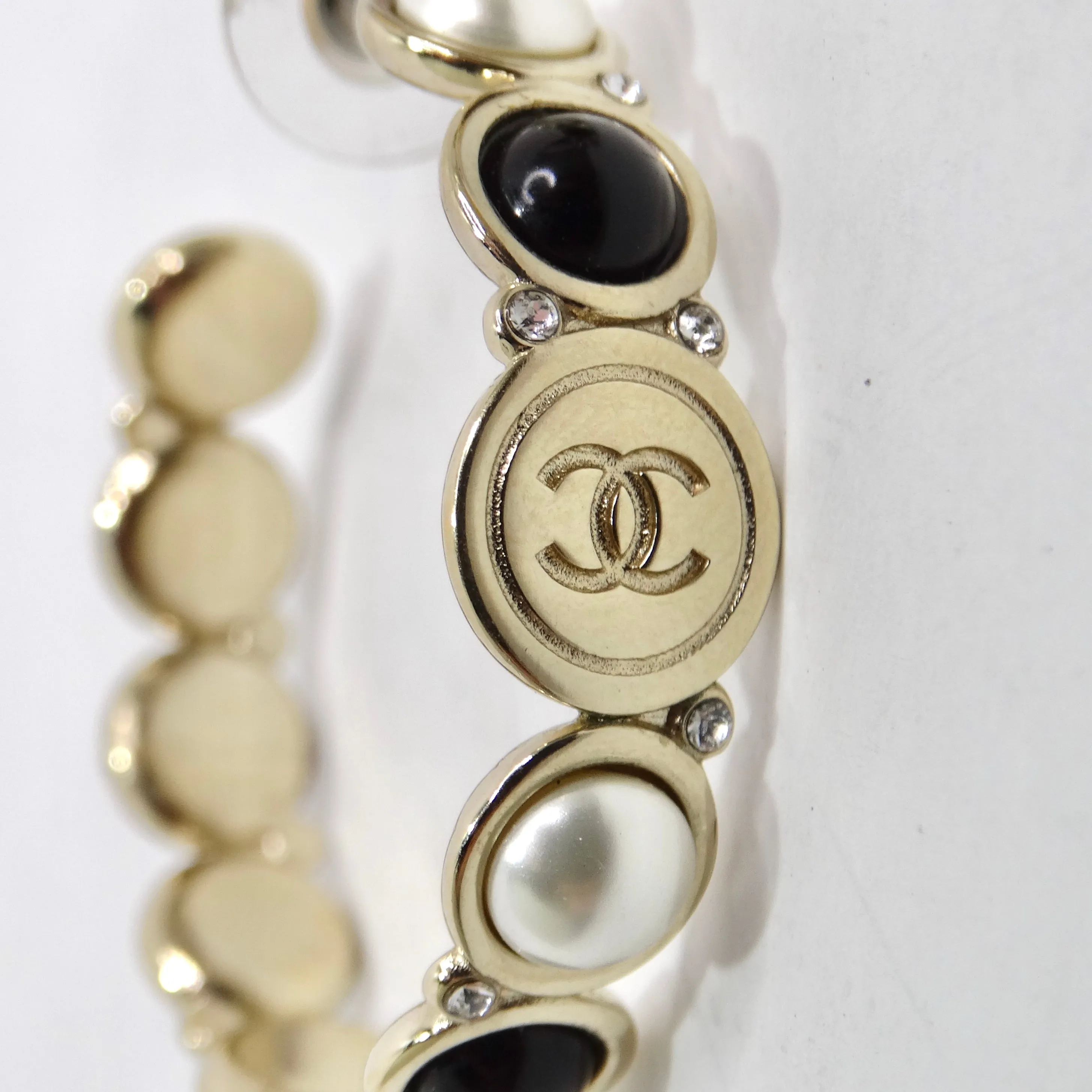 Chanel CC Faux Pearl Obsidian Crystal Hoop Earrings