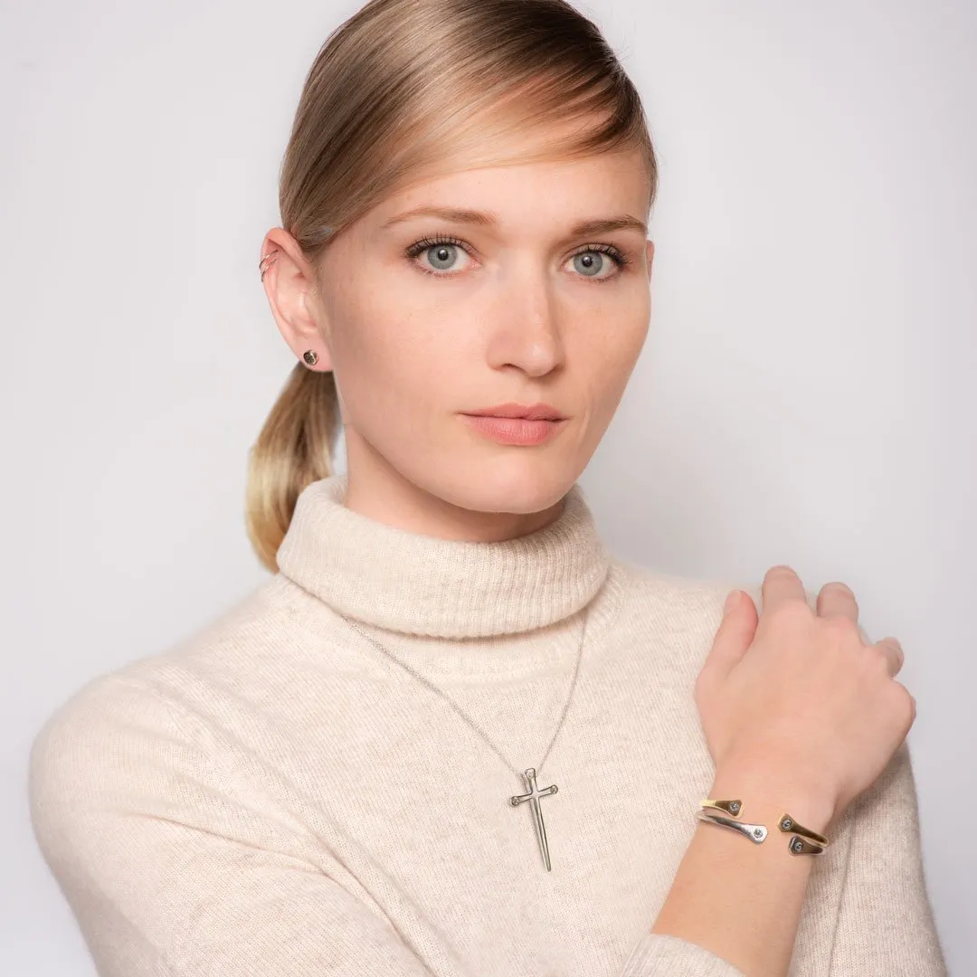 Charmed - Stylized Horseshoe Nail and 14K Gold on Sterling Silver Cross Pendant Necklace