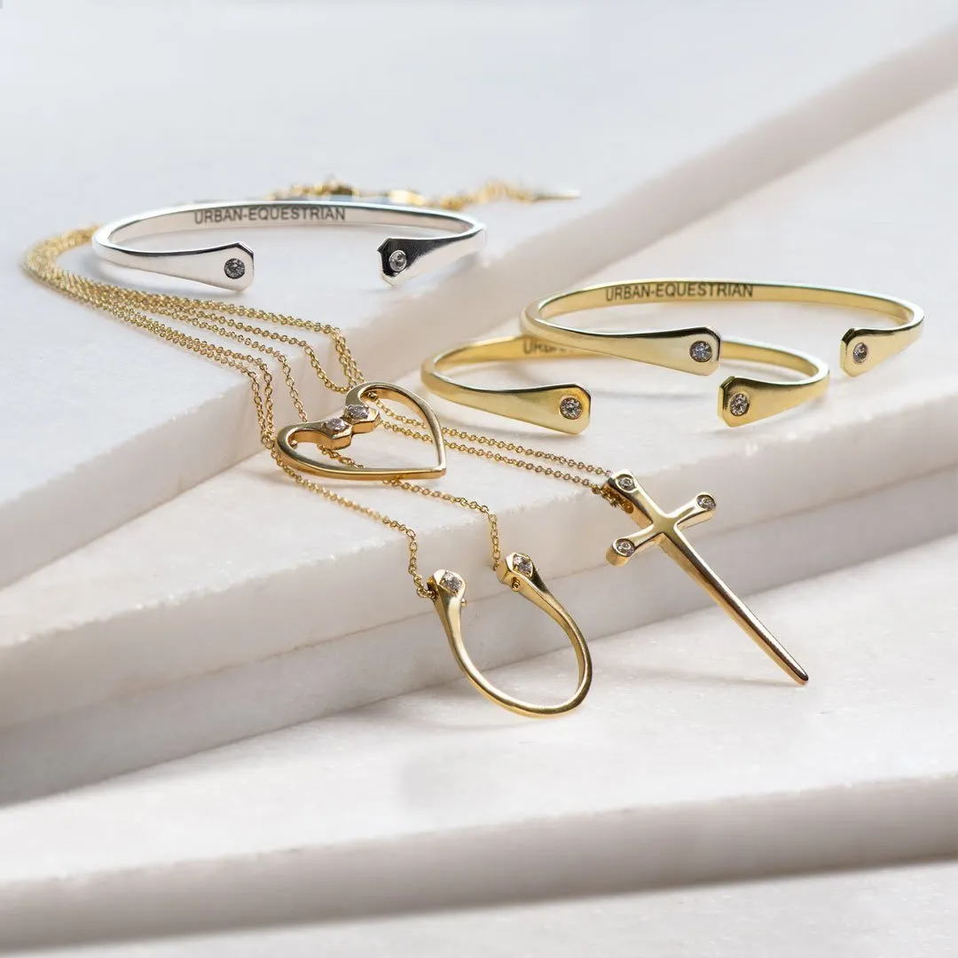 Charmed - Stylized Horseshoe Nail and 14K Gold on Sterling Silver Cross Pendant Necklace