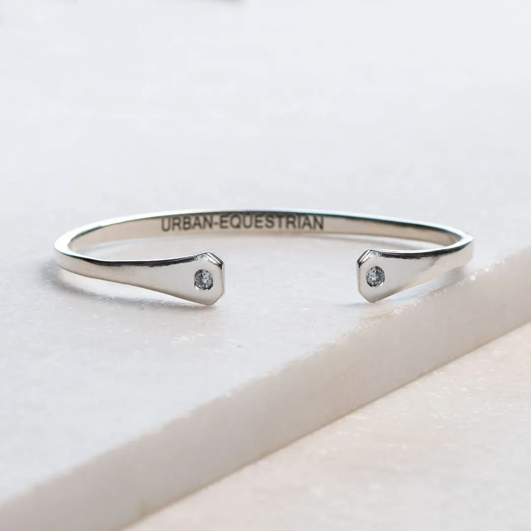Charmed - Stylized Horseshoe Nail and Moissanite Stone Sterling Silver Cuff Bracelet