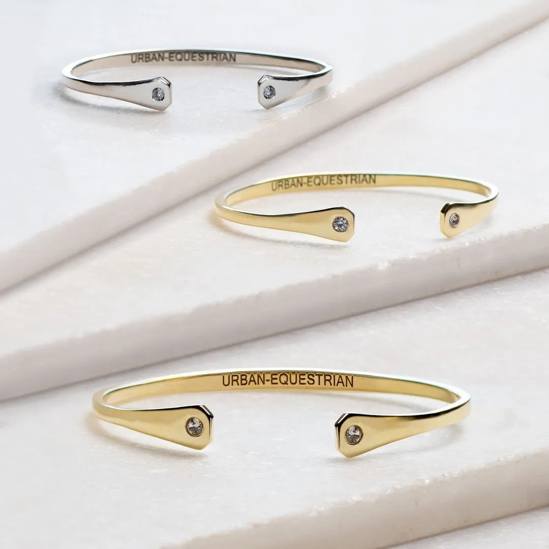 Charmed - Stylized Horseshoe Nail and Moissanite Stone Sterling Silver Cuff Bracelet