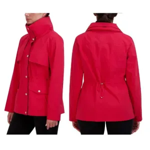 COLE HAAN Short Packable Rain Jacket Hidden Hood Zip Pouch Cinched Waist Red S