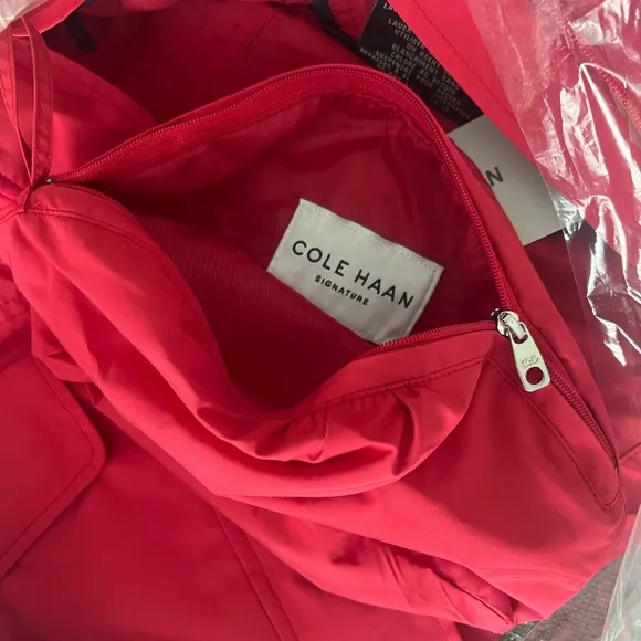 COLE HAAN Short Packable Rain Jacket Hidden Hood Zip Pouch Cinched Waist Red S