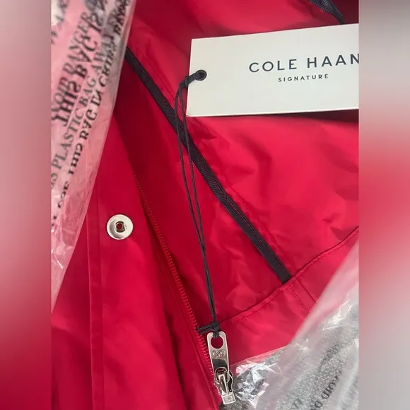 COLE HAAN Short Packable Rain Jacket Hidden Hood Zip Pouch Cinched Waist Red S