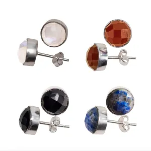Crystal Gemstone - Sterling Silver Round Stud Earrings